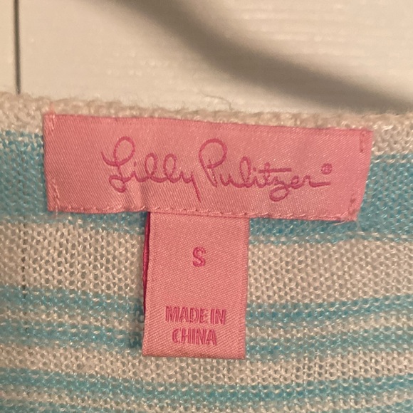 Lilly Pulitzer 100% Linen Alana Sweater in Coconut Row Stripes Aqua Blue Small - Picture 2 of 4